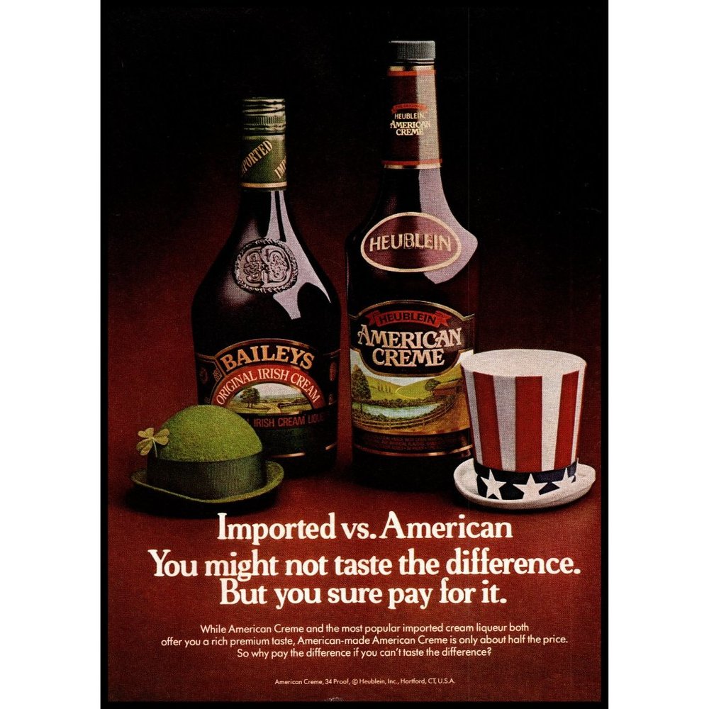 1982 Hublein American Creme Liqueur vs Bailey's Irish Cream Vintage Print Ad Art